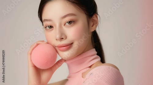 Makeup Portrait of a Woman Enhancing Fresh Beauty with Pink Blushe