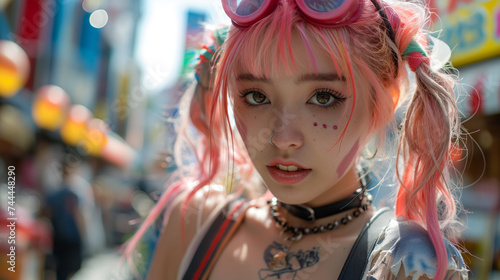 A young woman with pink hair and creative makeup posing in an urban setting. 