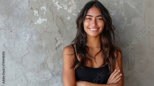 A portrait of a young Latin woman with a warm smile and arms crossed, standin...
