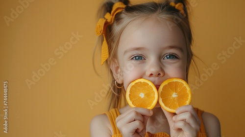 A delightful and cheerful girl, radiating charm and positivity, holds two ora...
