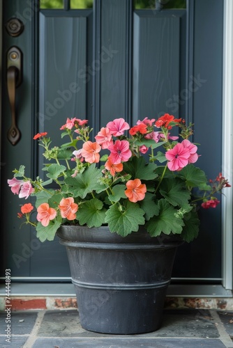 Flower pot or planter containing geraniums, calibrachoas