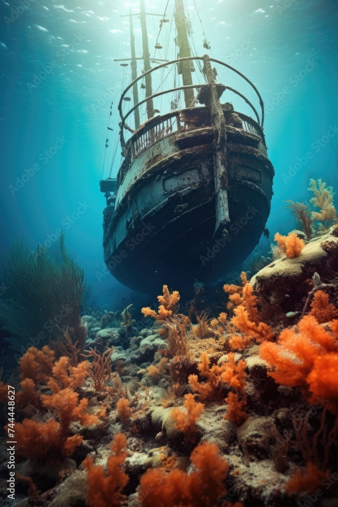 Ship wreck underwater Cozumel Mexico - obrazy, fototapety, plakaty 