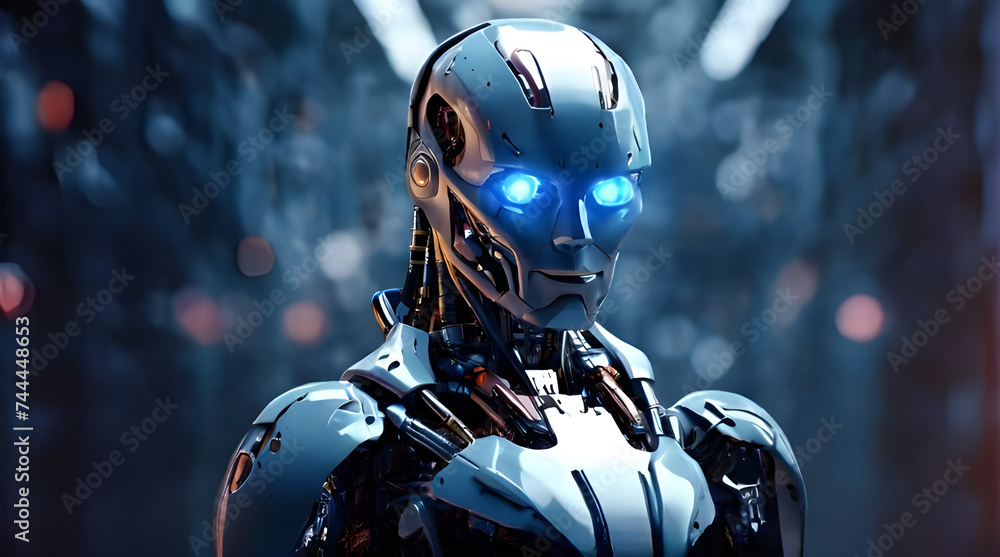 Closeup of powerful humanoid robotic face with glowing eyes isolated on blue background. Connected to an artificial intelligence power with electronic pulses and symbolic date streams. Closeup of powerful humanoid robotic face with glowing eyes isolated on blue background. Connected to an artificial intelligence power with electronic pulses and symbolic date streams.