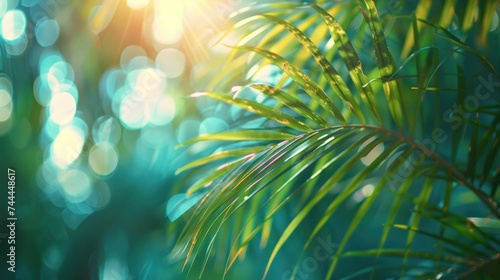 Beautiful blurred green palm leaves against a tropical beach backdrop
