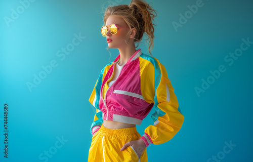 Fashionable young woman in bright colorful sporty clothes and sunglasses on blue background.