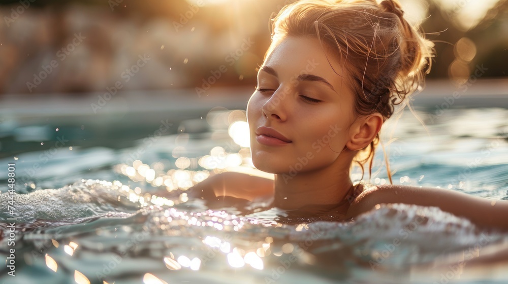 Beauty and body care. a young woman enjoying a relaxing moment in an outdoor spa swimming pool Beauty and body care. a young woman enjoying a relaxing moment in an outdoor spa swimming pool