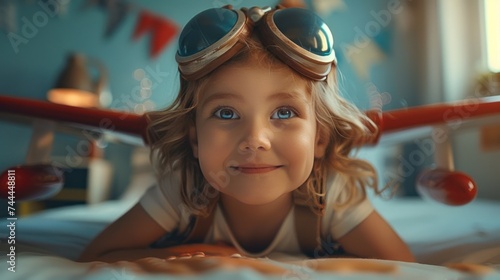 A joyful child playing with a toy jetpack, embodying the spirit of a young pilot