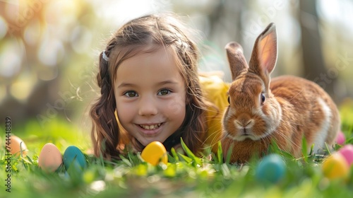 A charming young girl with a bunny rabbit celebrating Easter against a backdr...