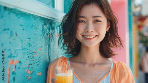 A lovely Asian woman dressed for summer, smiling and holding a glass of orang...