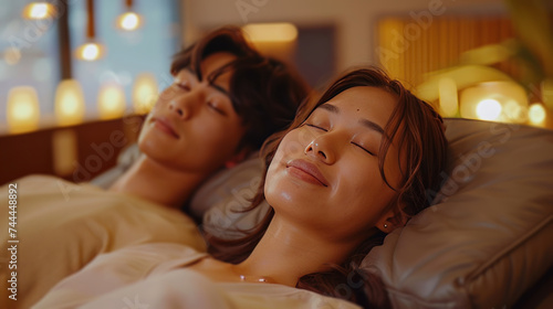 A young man and woman are relaxing on massage beds at an upscale Asian spa an...