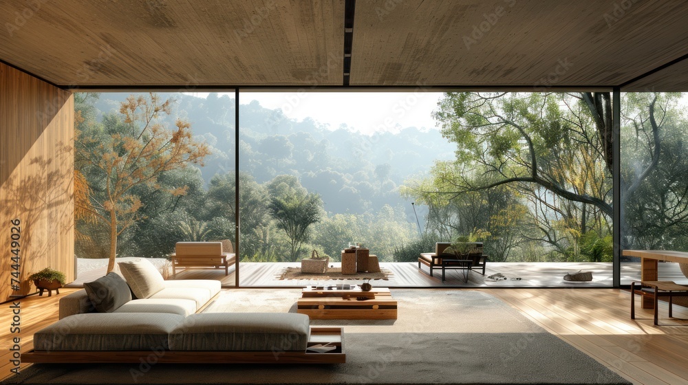 A modern living room with a view of nature is decorated with wood elements A modern living room with a view of nature is decorated with wood elements