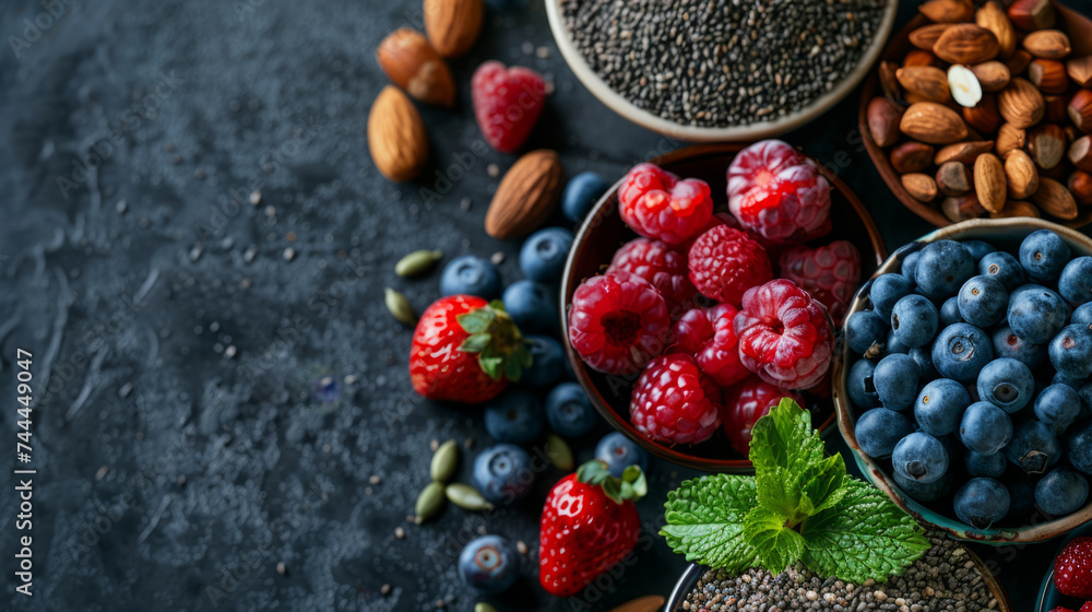Assorted berries and nuts on a textured dark background. Bowls of fresh raspberries, blueberries, and strawberries - obrazy, fototapety, plakaty 