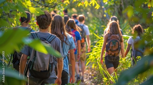 A group of students exploring a nature reserve, surrounded by lush greenery and wildlife