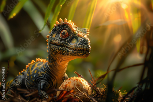 Newly hatched Tyrannosaurus Rex cub emerges from its cracked dinosaur egg © stockdevil