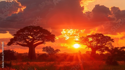 A stunning scene of baobab trees silhouetted against an orange sunset sky with clouds