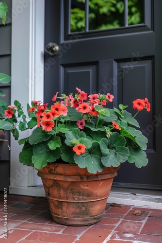 Flower pot or planter containing geraniums, calibrachoas