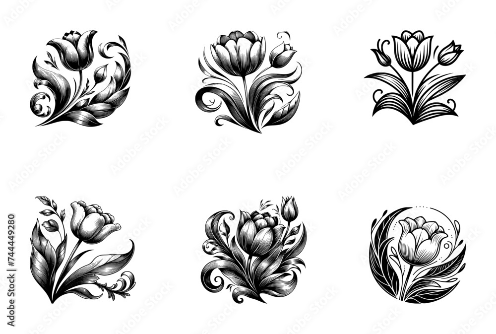 vector set of tulip flower line art style - black (artwork 1) - obrazy, fototapety, plakaty 