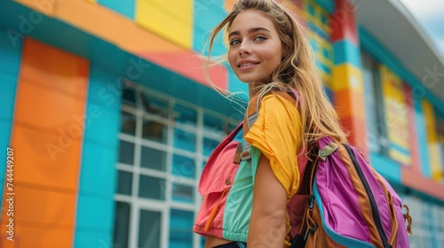 Vibrant summer fashion portrait of a young athletic woman strolling down the ...