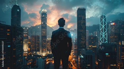 A confident executive, a wealthy businessman from the East, stands in a modern metropolis