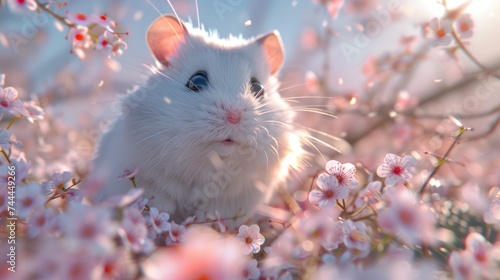A white hamster set against the backdrop of a lovely spring scene