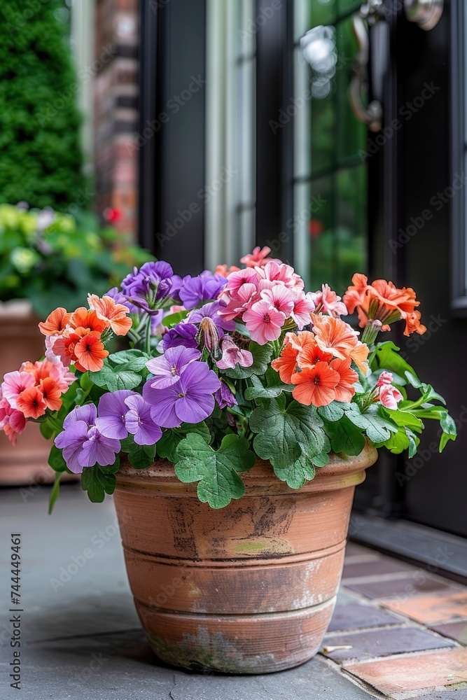 Flower pot or planter containing geraniums, calibrachoas