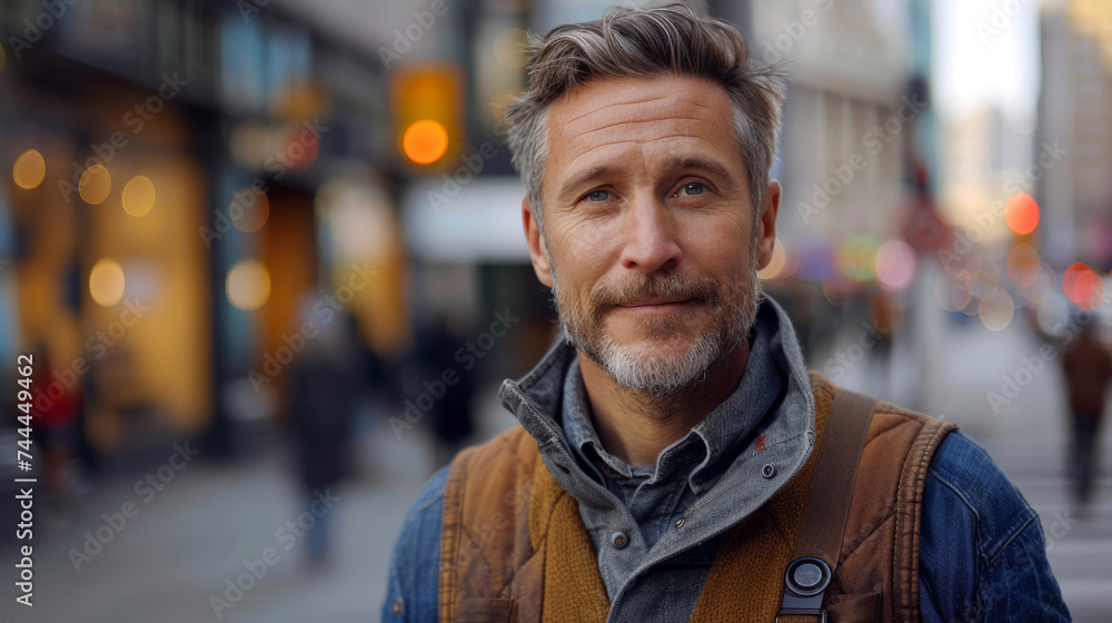 A mature man with grey hair and a light beard smiles gently while standing on a city street. The background is an out-of-focus urban setting with warm lights and soft bokeh. A mature man with grey hair and a light beard smiles gently while standing on a city street. The background is an out-of-focus urban setting with warm lights and soft bokeh.