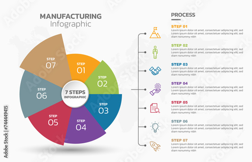 Visual data presentation. Cycle diagram with 7 options. Pie Chart Circle infographic template with 7 steps, options, parts, segments. Business concept. Marketing infographic vector illustration.