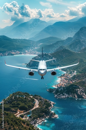 An airplane is departing from an airport, flying over stunning mountains and ...