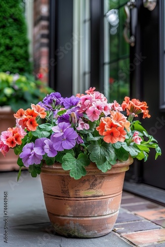 Flower pot or planter containing geraniums, calibrachoas