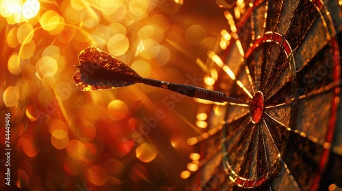 A dart hitting a target with an arrow against a blurred bokeh background