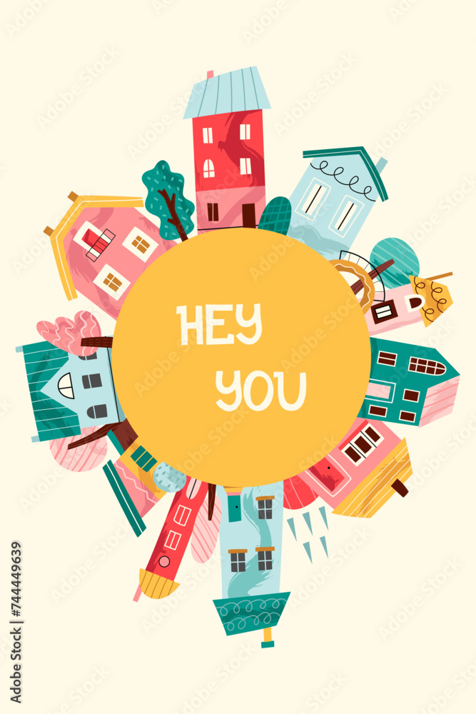 Beautiful buildings and houses. Template for postcard, poster, banner, notepad, paper, textile. Vector illustration in flat modern style.