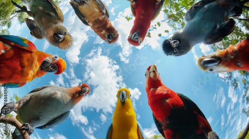 Bottom view of birds standing in a circle against the sky. An unusual look at animals. Animal looking at camera photo