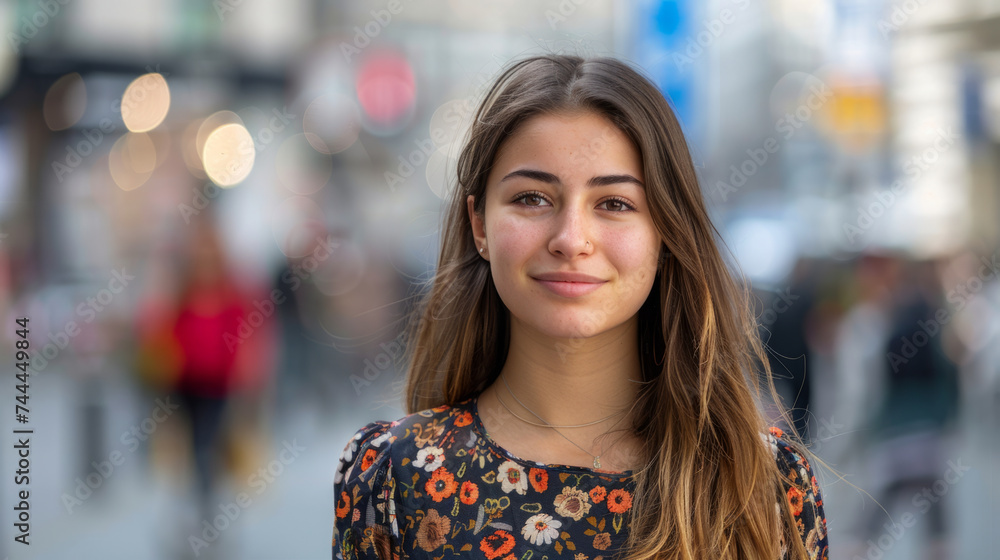 Portrait of a young woman with a cheerful smile standing confidently in a busy urban setting, as the blurry city background lights create a pleasant bokeh effect. Portrait of a young woman with a cheerful smile standing confidently in a busy urban setting, as the blurry city background lights create a pleasant bokeh effect.