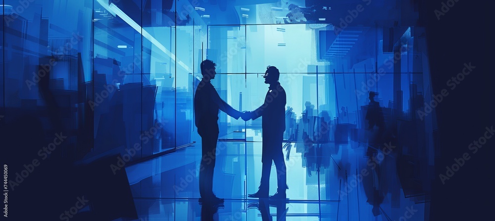 Obraz premium Two men shake hands in a dark hallway at a performing arts event