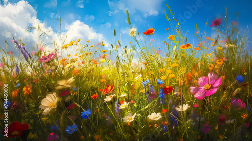A peaceful meadow alive with the vibrant colors of wildflowers in full bloom, swaying gently in the summer breeze.