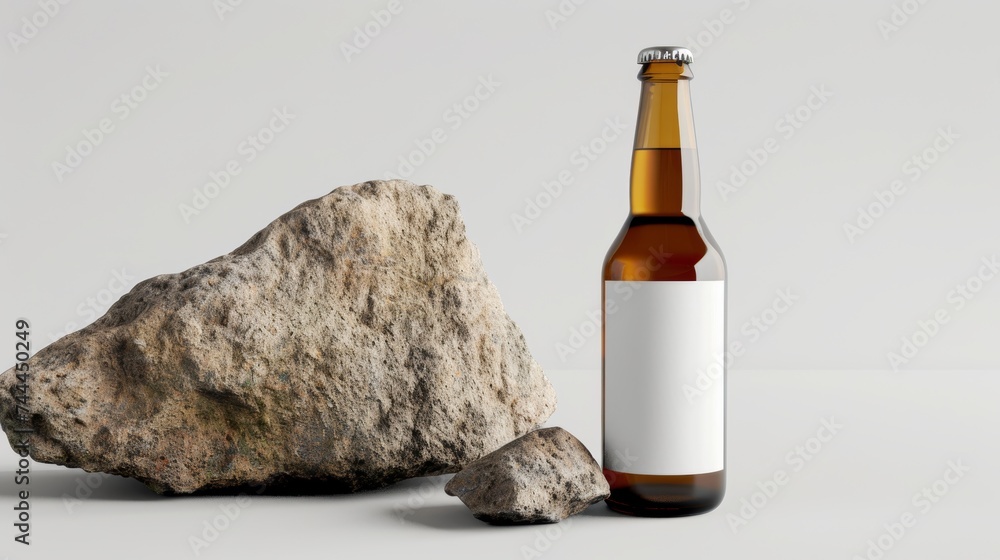 mock up,Unbranded amber beer bottle with a blank label, poised on rugged stone. Neutral background highlights a potential for customization, conveying an idea of exclusivity and craft. mock up,Unbranded amber beer bottle with a blank label, poised on rugged stone. Neutral background highlights a potential for customization, conveying an idea of exclusivity and craft.