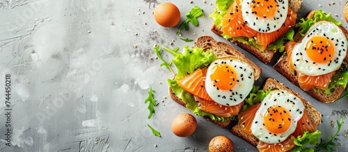 Delicious breakfast plate of toasted egg and salmon sandwiches in natural lighting