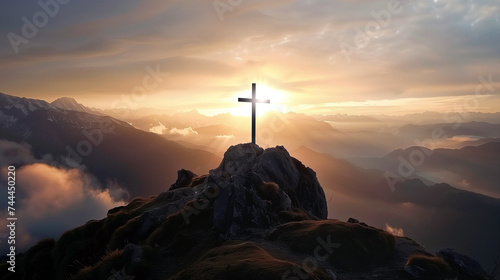 Jesus cross on mountain hill christian son of god resurrection easter concept sunrise new day christ holy