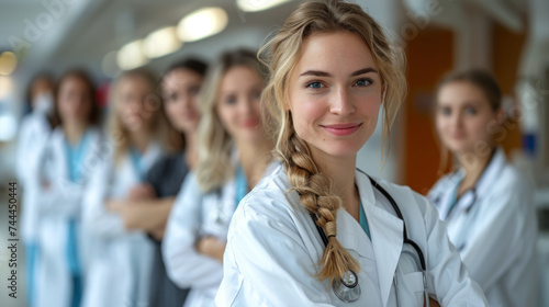 A confident healthcare professional stands in the foreground, with a stethoscope around her neck and a team of colleagues out of focus in the background, depicting a supportive medical environment.