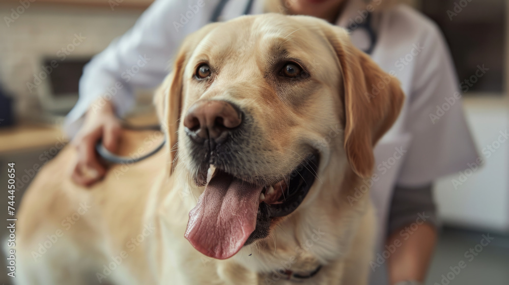 Close-up of a happy golden retriever with its tongue out sitting at a vet's office, with a blurred background featuring a veterinarian holding a stethoscope. Close-up of a happy golden retriever with its tongue out sitting at a vet's office, with a blurred background featuring a veterinarian holding a stethoscope.