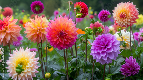 A picturesque garden alive with the vibrant colors of dahlias in full bloom, their intricate petals a testament to nature's artistry.