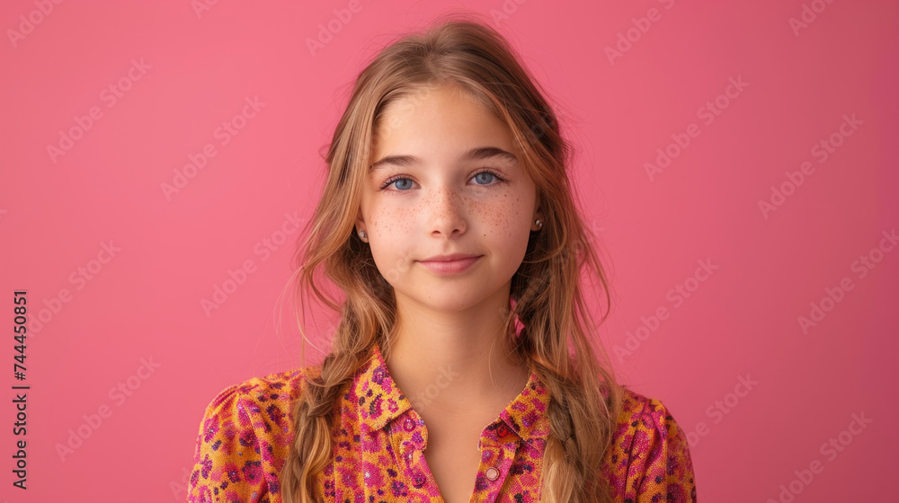 A young girl with freckles and blonde hair smiles gently against a solid pink background. She is wearing a bright, patterned shirt. A young girl with freckles and blonde hair smiles gently against a solid pink background. She is wearing a bright, patterned shirt.