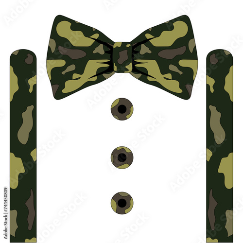 Bow Tie is khaki color. Design T-shirt print with Bow Tie suspenders buttons isolated white background. Military template for gentleman card cover. Vector illustration. EPS 10 Editable stroke. 