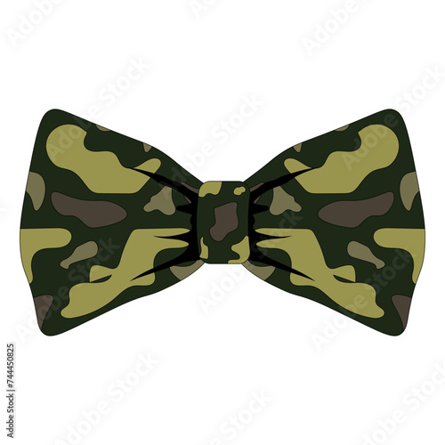 Camouflage Bow Tie. Design T-shirt print with KhakiBow Tie isolated white background. Military template for gentleman card cover. Vector illustration. EPS 10 Editable stroke. 