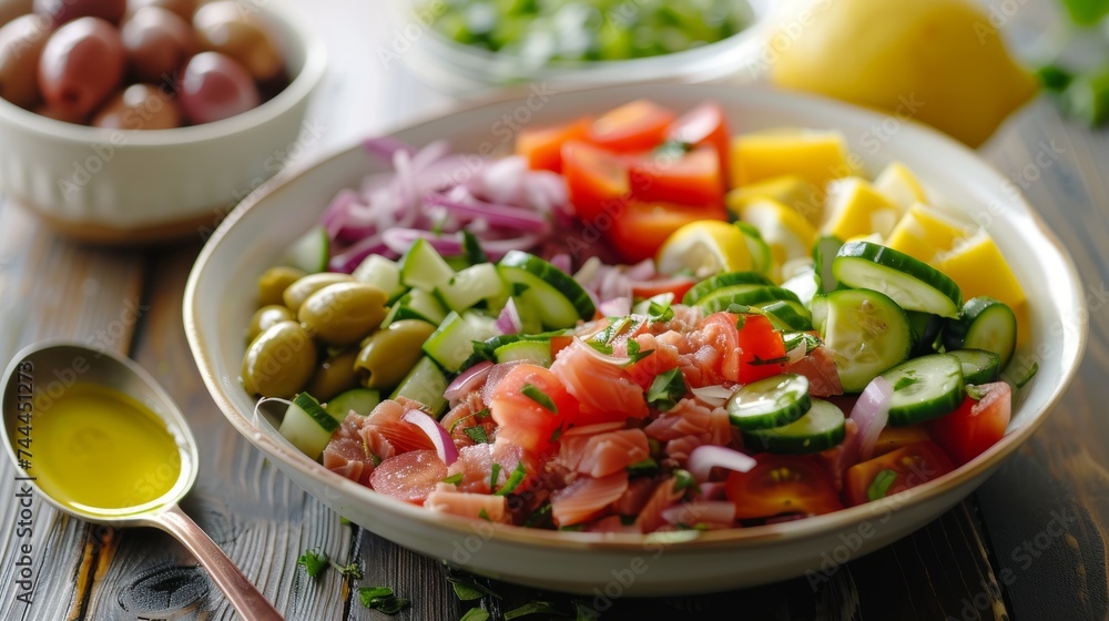 Tuna salad with lettuce, eggs and tomatoes. Tuna salad with lettuce, eggs and tomatoes.