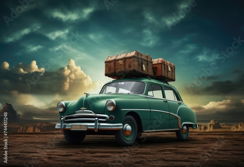 The whimsical illustration depicts a classic retro car cruising down a scenic road  laden with suitcases secured on the roof  as a family embarks on an exciting road trip adventure.