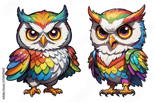 a couple of colorful owls sitting next to each other, vector art, process art, hearthstone concept art, rainbow line - art