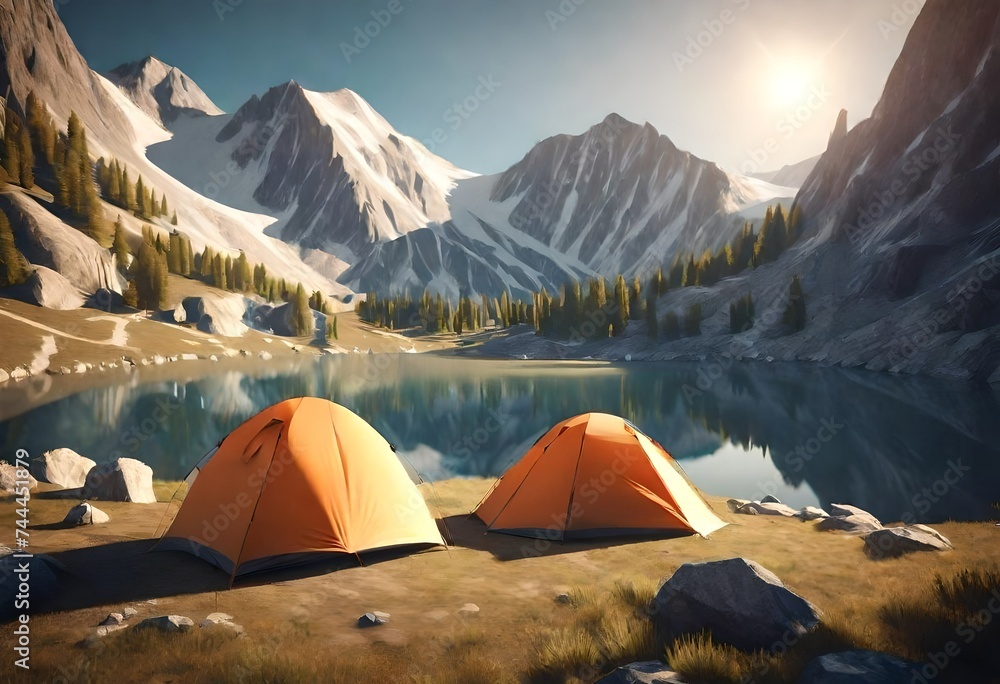 Tourist camp in the mountains, tent in the foreground. AI generated