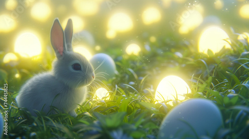 A playful Easter bunny surrounded by a field of glowing, luminescent eggs, creating a magical and enchanting scene that evokes the spirit of wonder.