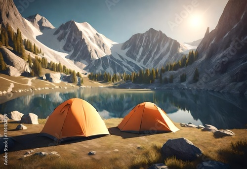 Tourist camp in the mountains, tent in the foreground. AI generated